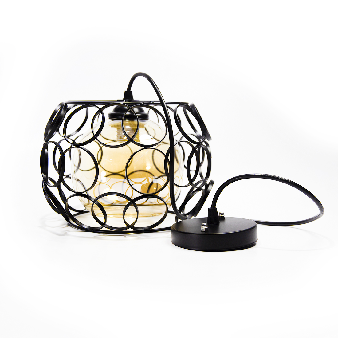 Lampara Circulos Colgante Metal Negra Mate. Vidrio Bronceado