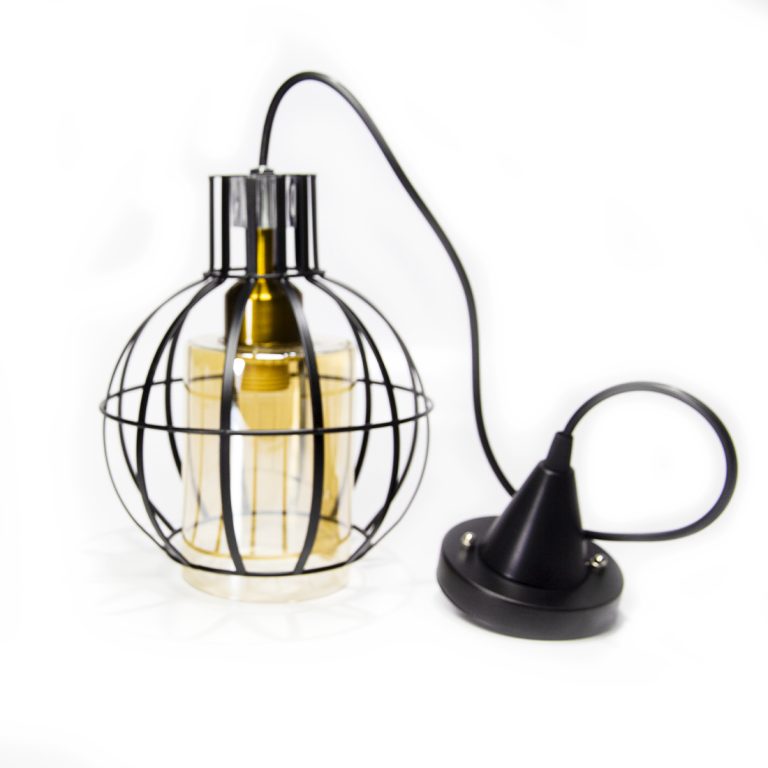 Lampara Farol Redondo Metal Negro Opaco, Vidrio Ambar